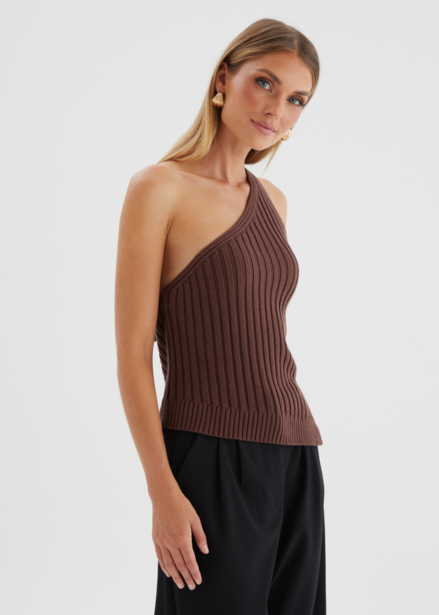 Natalee One Shoulder Knit Top - Chocolate