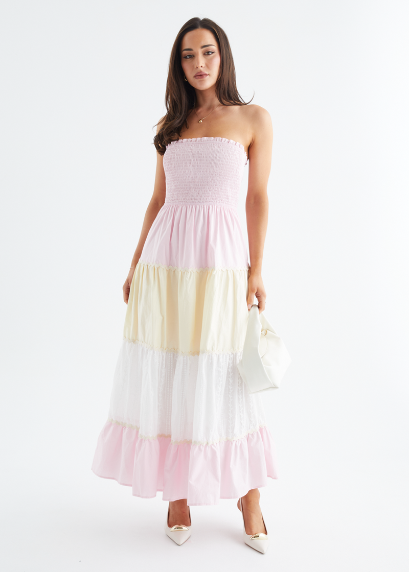 lucille strapless maxi dress with tiered crochet Illana Crochet Knit Maxi Dress Beige