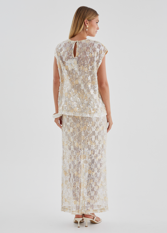 Inari Sequin Lace Maxi Skirt - Golden