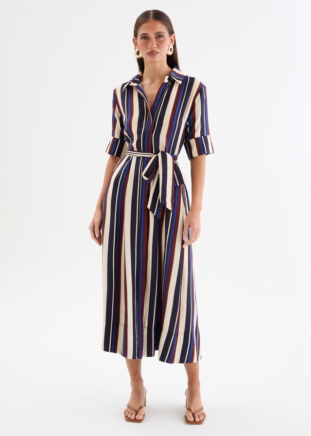 Morelo Midi Dress with Tie - Midnight Stripe