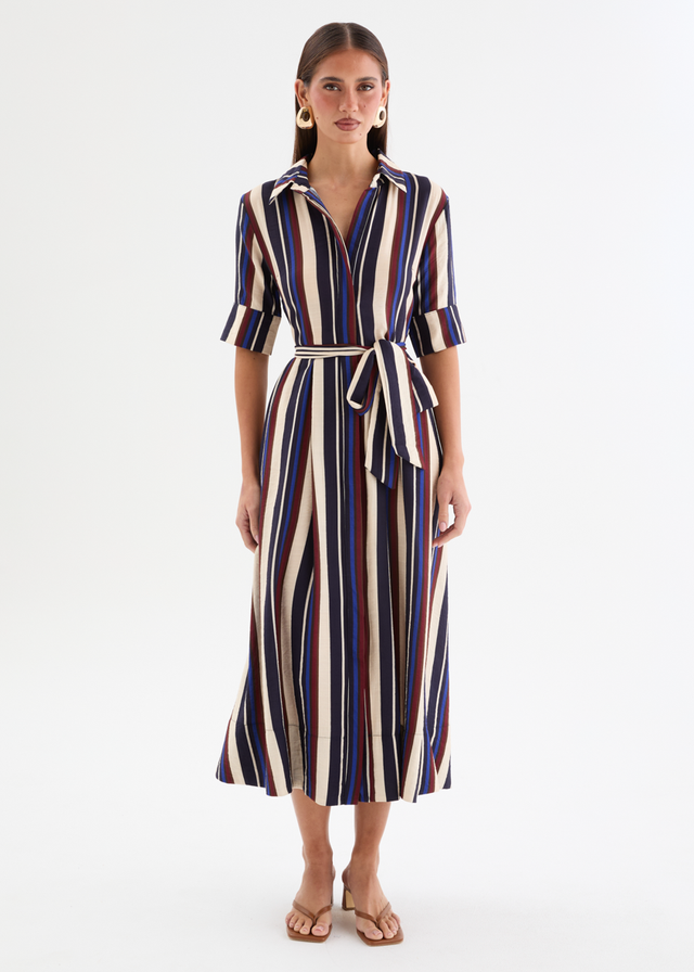 Morelo Midi Dress with Tie - Midnight Stripe