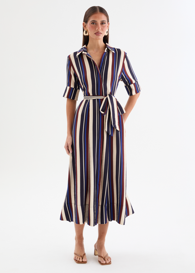 Morelo Midi Dress with Tie - Midnight Stripe