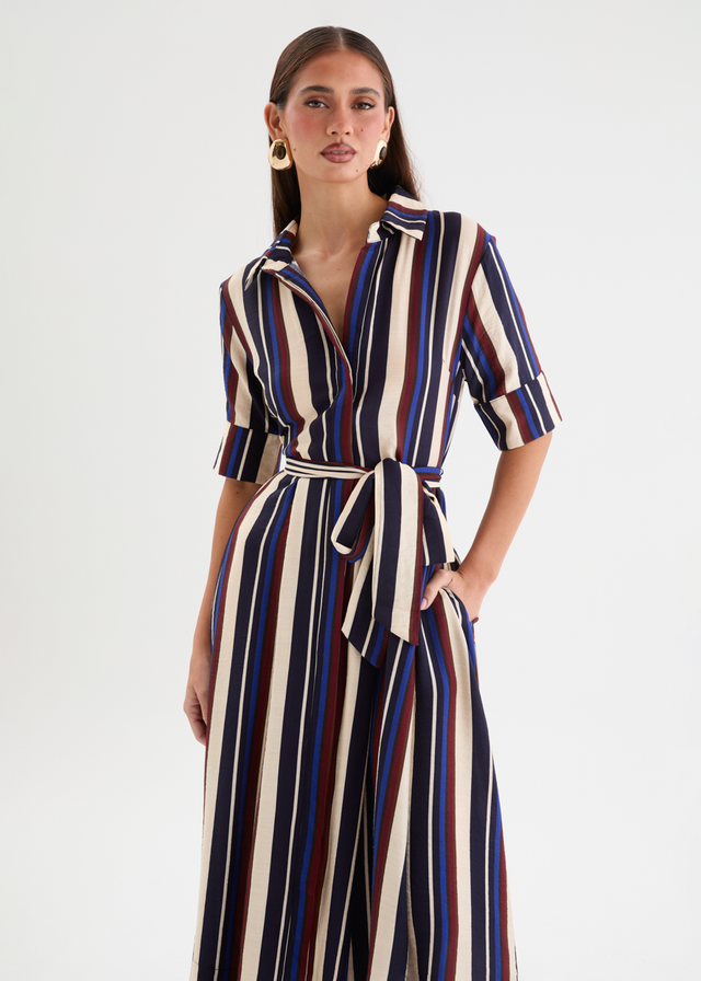Morelo Midi Dress with Tie - Midnight Stripe