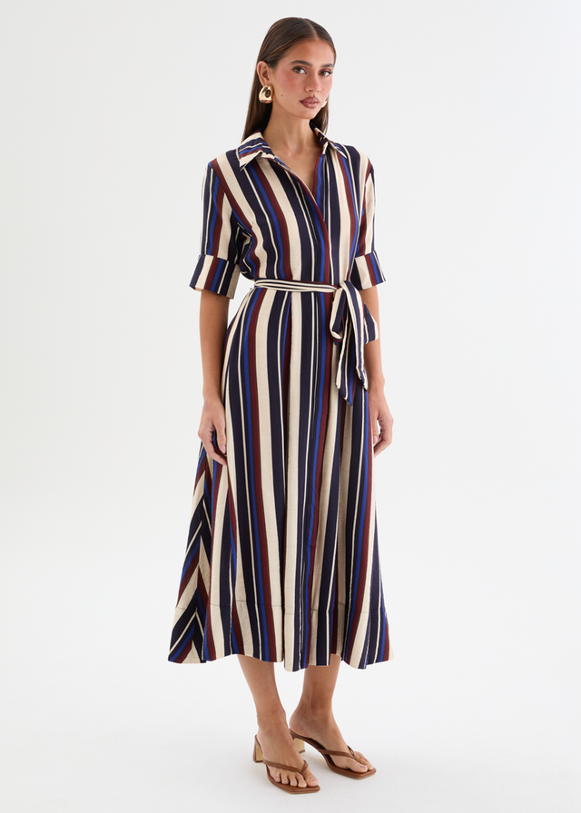 Morelo Midi Dress with Tie - Midnight Stripe