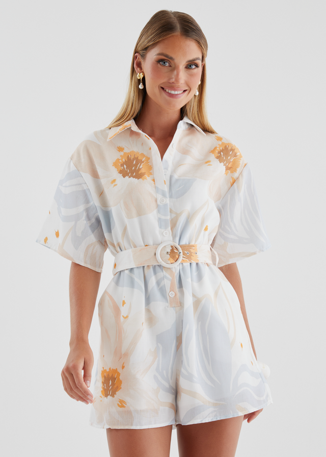 Priscella Playsuit - Apricot Blue Floral
