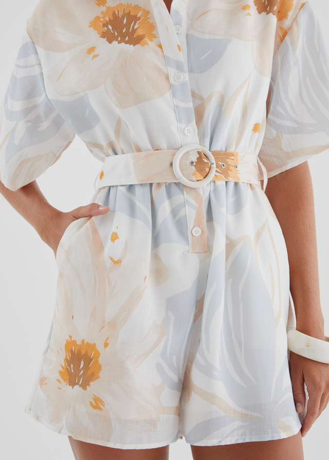 Priscella Playsuit - Apricot Blue Floral