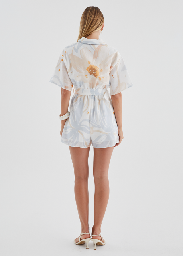 Priscella Playsuit - Apricot Blue Floral