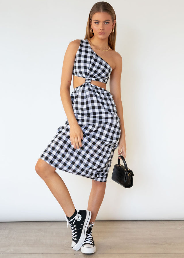 Annabel One Shoulder Midi Dress - B&W Gingham