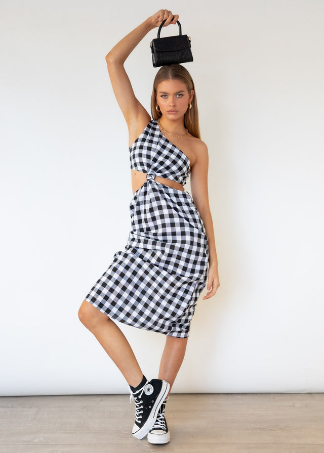 Annabel One Shoulder Midi Dress - B&W Gingham