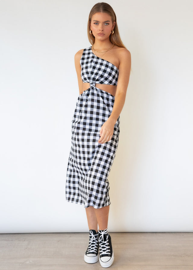 Annabel One Shoulder Midi Dress - B&W Gingham