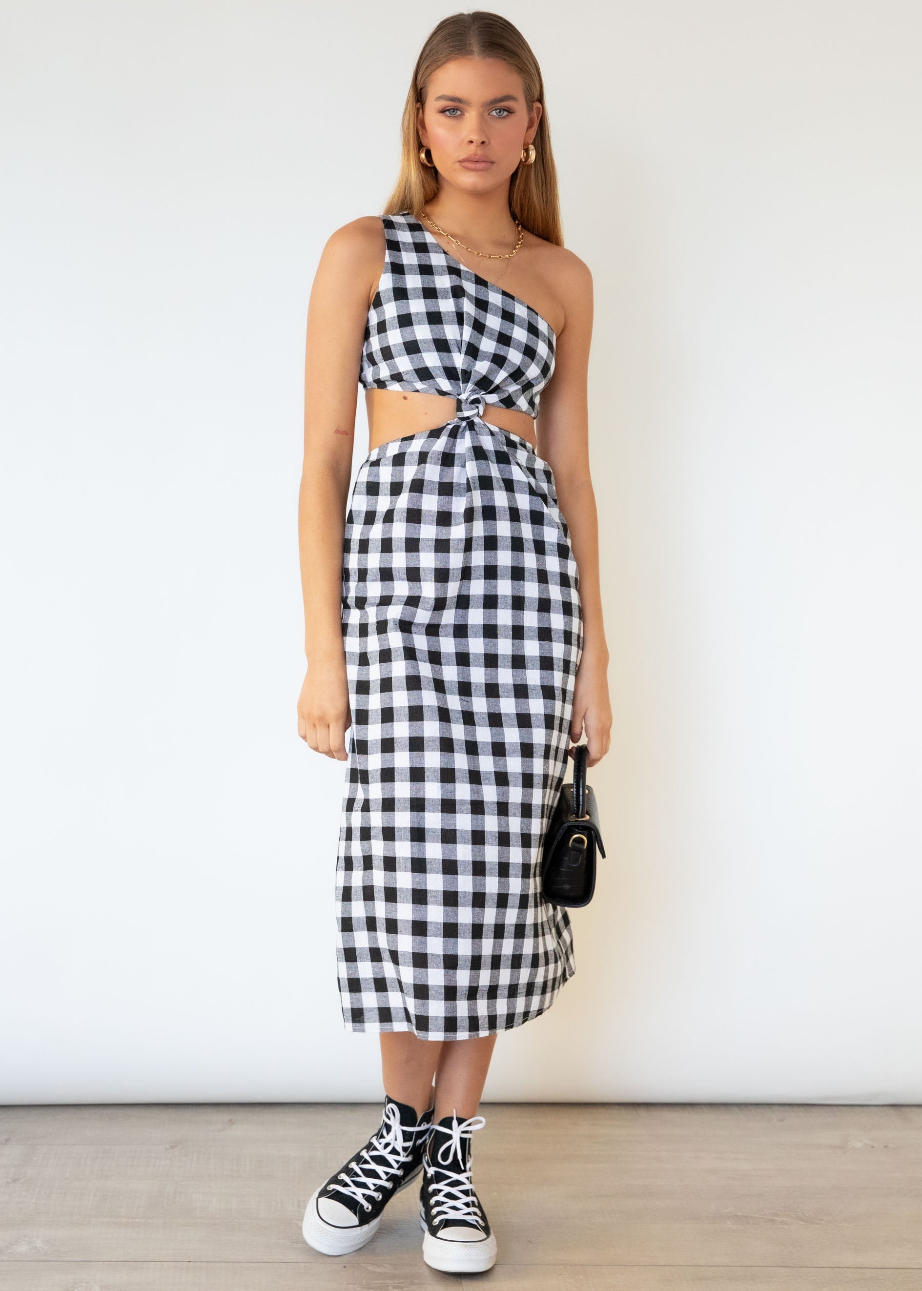 Annabel One Shoulder Midi Dress - B&W Gingham