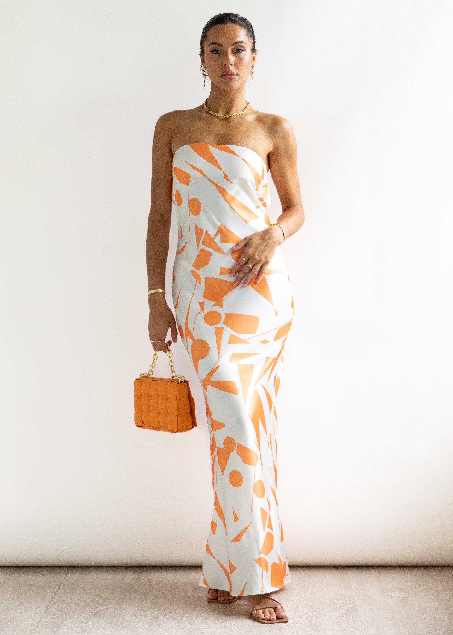 Kaelan Strapless Midi Dress - Orange Geo