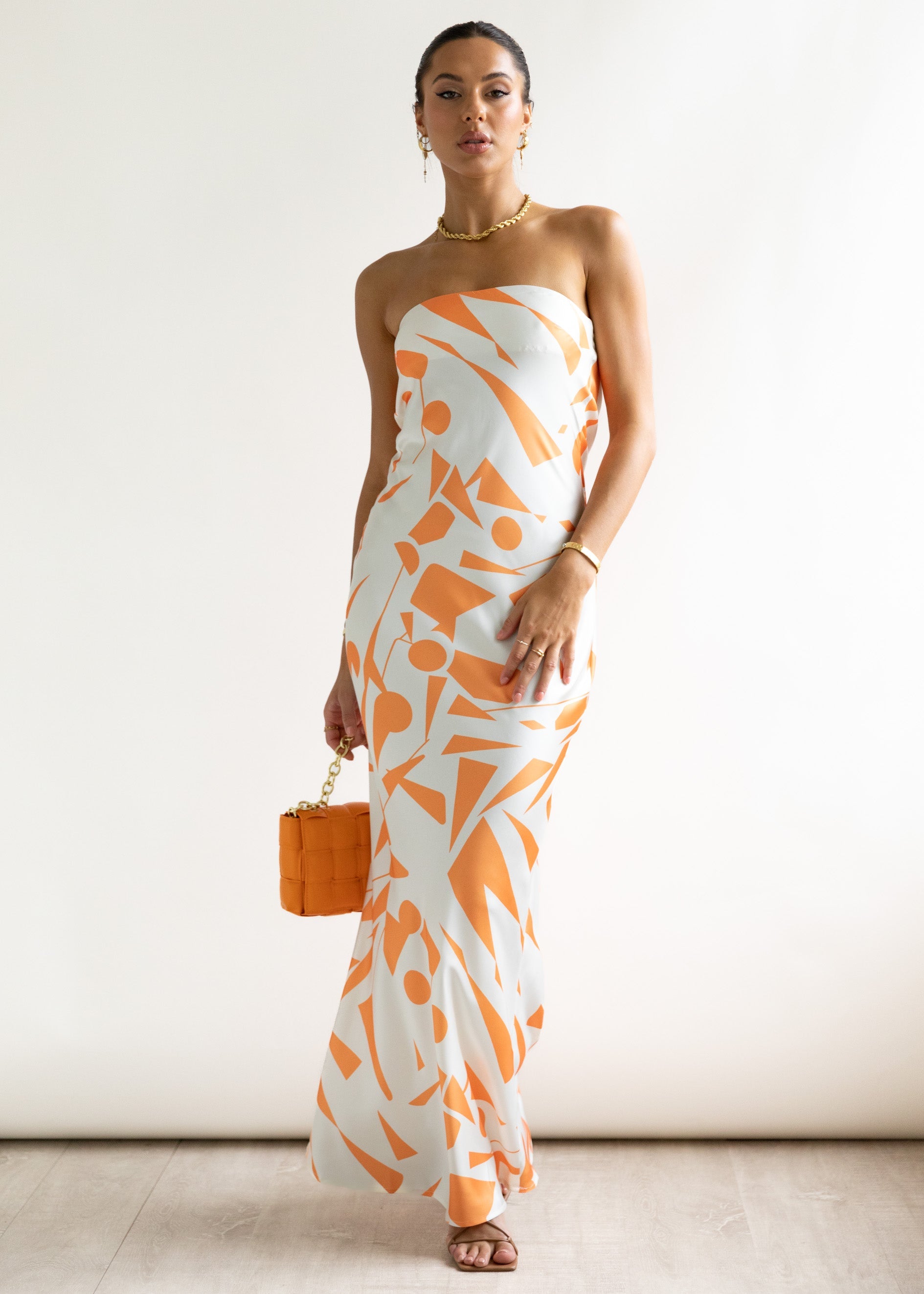 Kaelan Strapless Midi Dress - Orange Geo