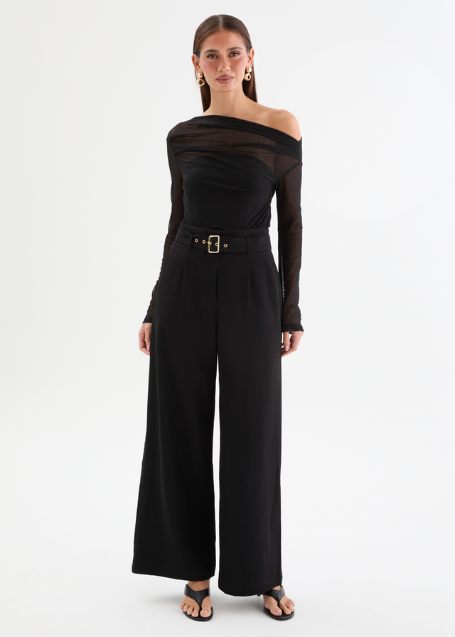 Kaliah Drop Shoulder Mesh Top - Black