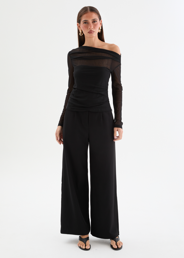Kaliah Drop Shoulder Mesh Top - Black