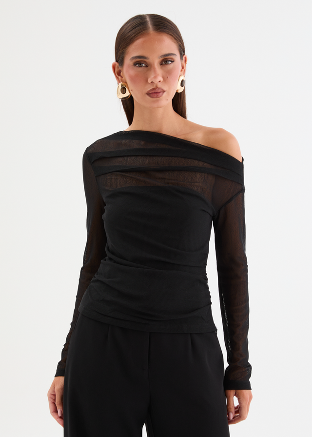 Kaliah Drop Shoulder Mesh Top - Black