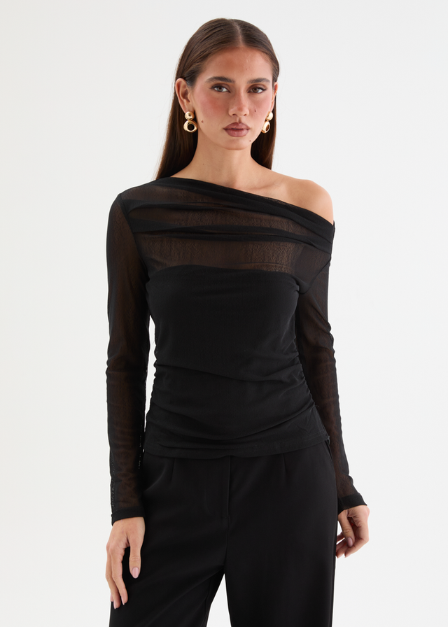 Kaliah Drop Shoulder Mesh Top - Black