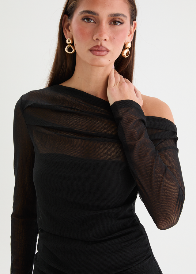 Kaliah Drop Shoulder Mesh Top - Black