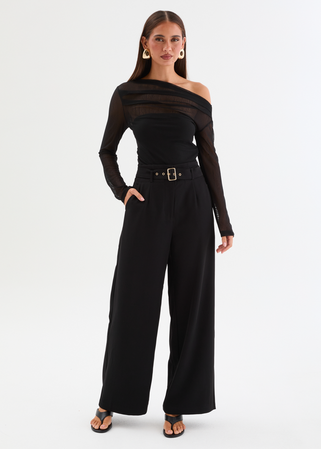 Kaliah Drop Shoulder Mesh Top - Black