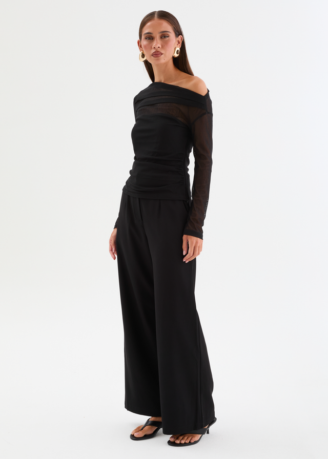 Kaliah Drop Shoulder Mesh Top - Black