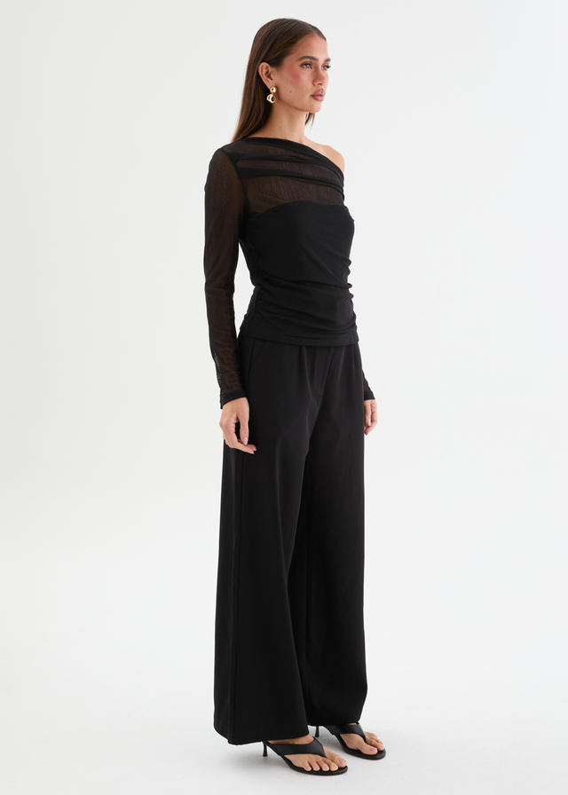 Kaliah Drop Shoulder Mesh Top - Black