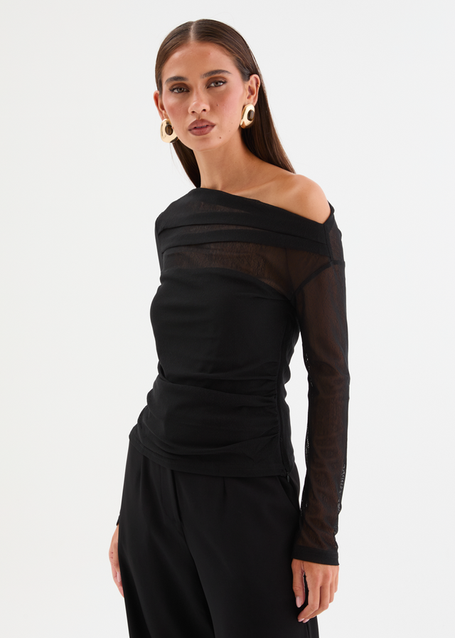 Kaliah Drop Shoulder Mesh Top - Black