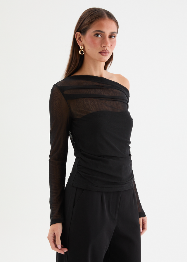 Kaliah Drop Shoulder Mesh Top - Black