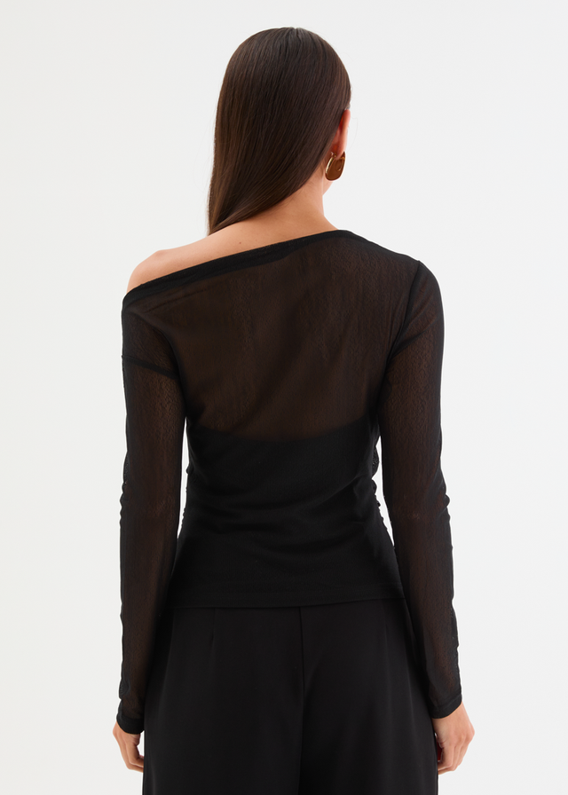 Kaliah Drop Shoulder Mesh Top - Black