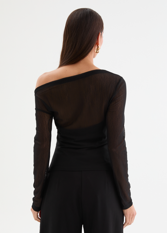 Kaliah Drop Shoulder Mesh Top - Black