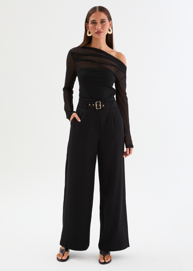 Kaliah Drop Shoulder Mesh Top - Black