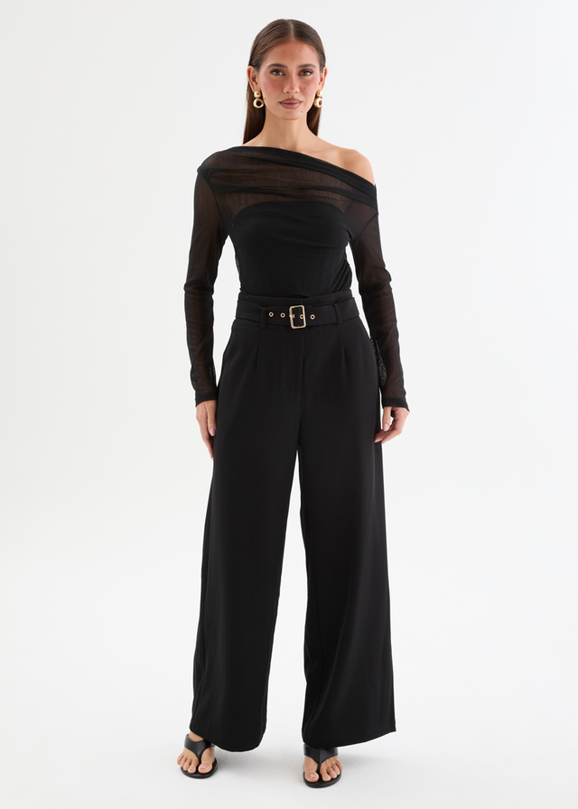 Kaliah Drop Shoulder Mesh Top - Black