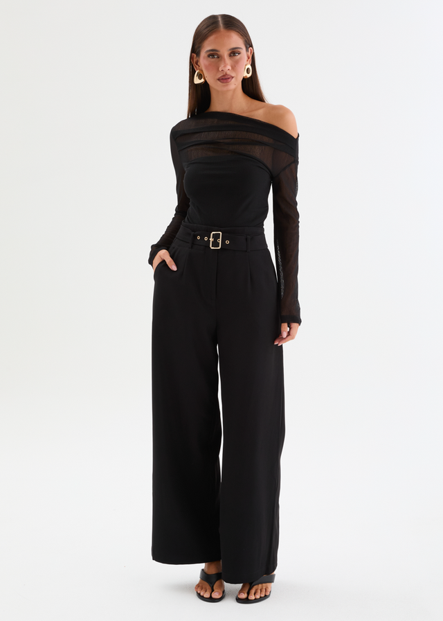 Kaliah Drop Shoulder Mesh Top - Black