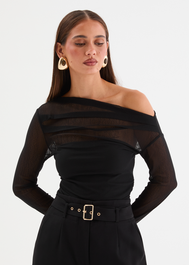 Kaliah Drop Shoulder Mesh Top - Black