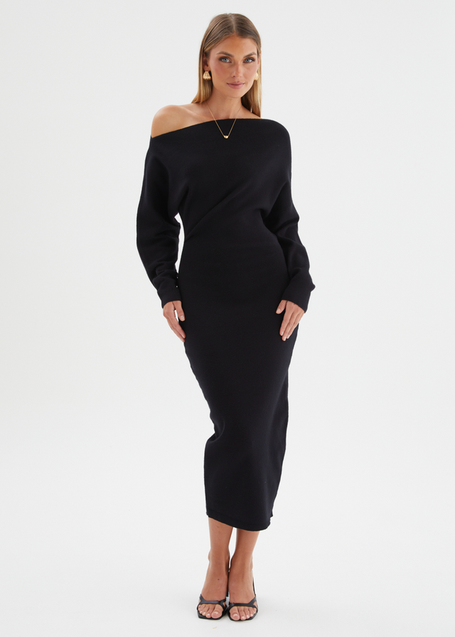 Milena Drop Shoulder Knit Midi Dress - Black