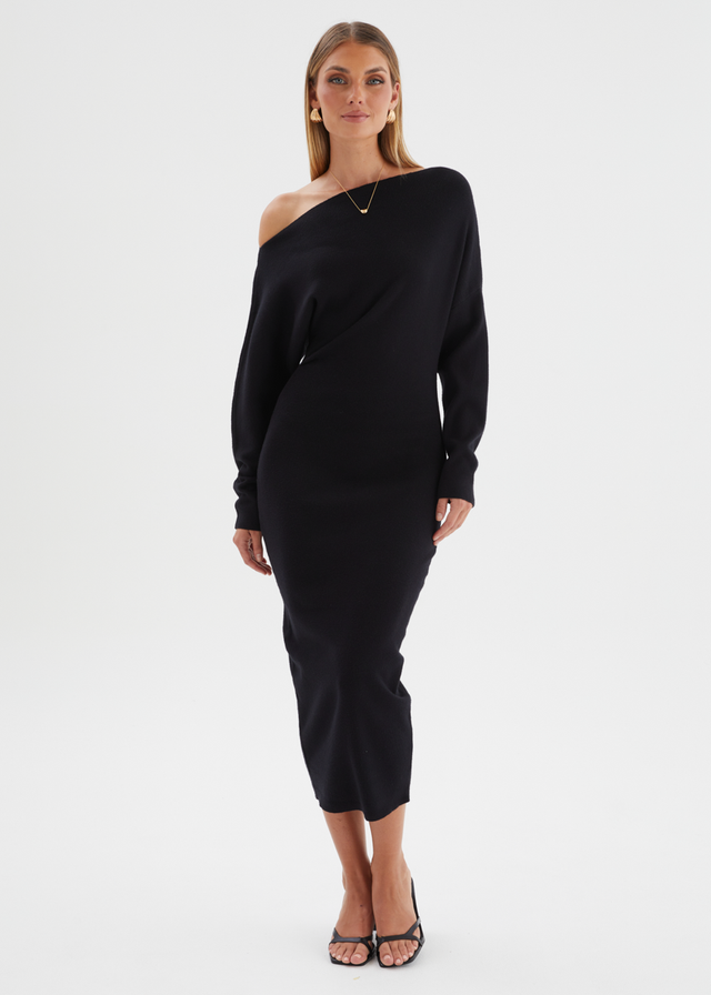 Milena Drop Shoulder Knit Midi Dress - Black