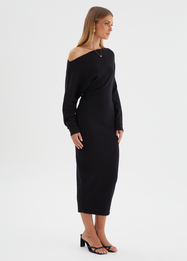 Milena Drop Shoulder Knit Midi Dress - Black
