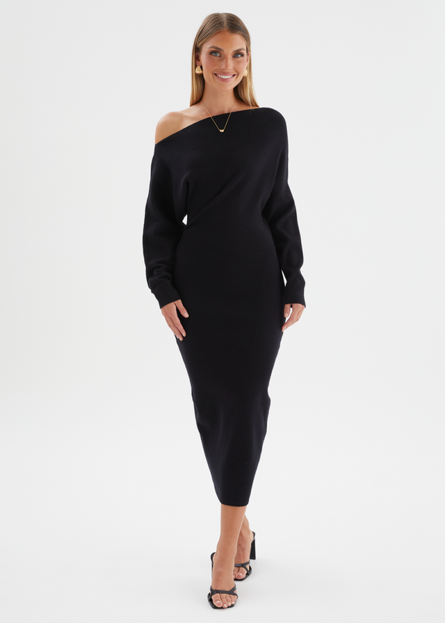 Milena Drop Shoulder Knit Midi Dress - Black
