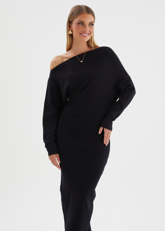 Milena Drop Shoulder Knit Midi Dress - Black