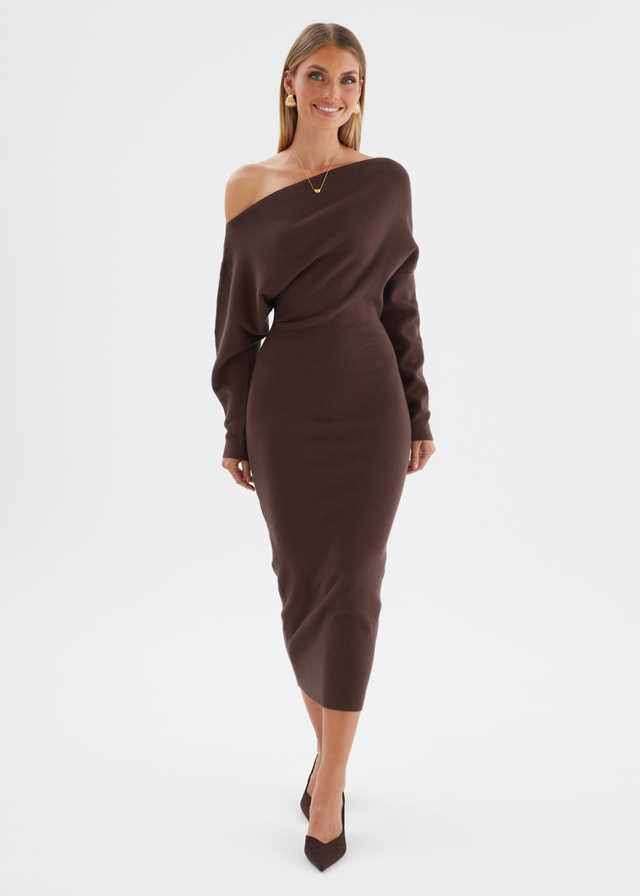 Milena Drop Shoulder Knit Midi Dress - Chocolate