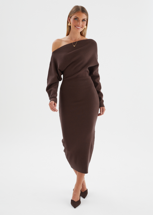 Milena Drop Shoulder Knit Midi Dress - Chocolate