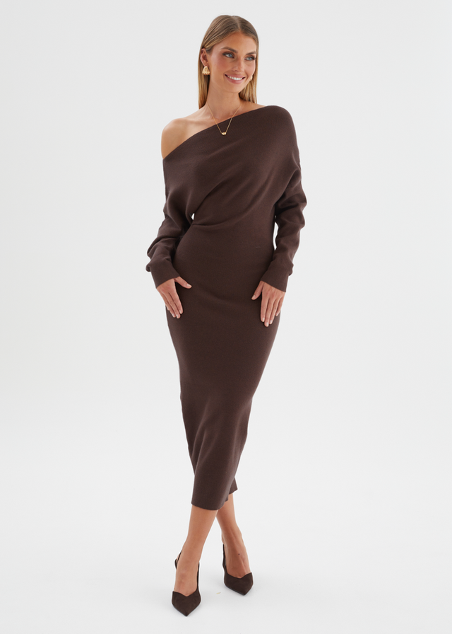 Milena Drop Shoulder Knit Midi Dress - Chocolate