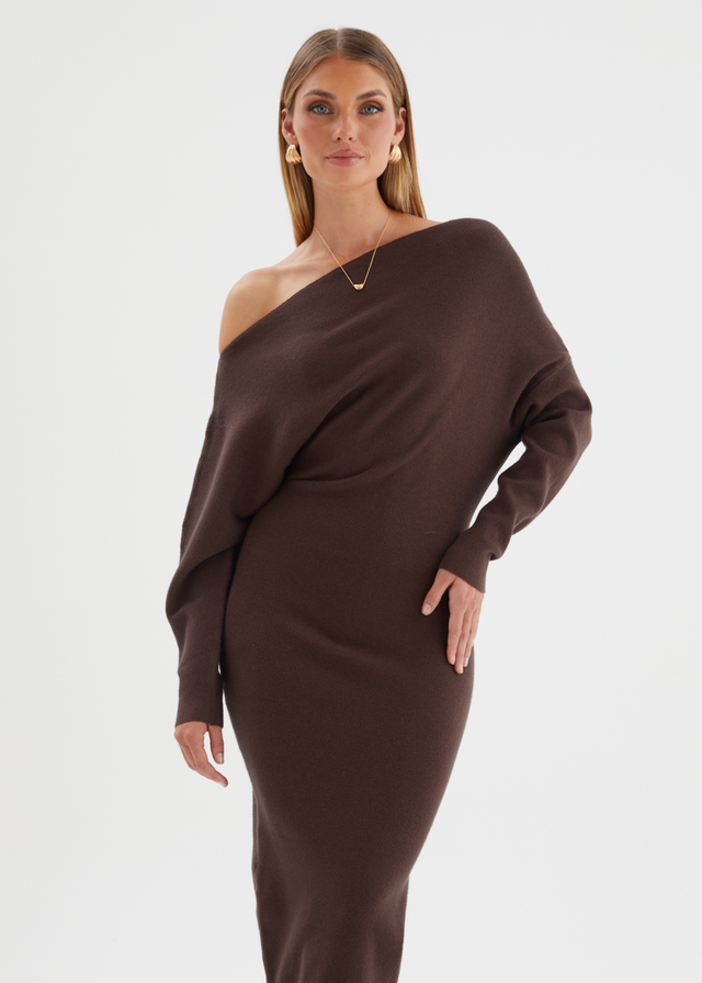 Milena Drop Shoulder Knit Midi Dress - Chocolate