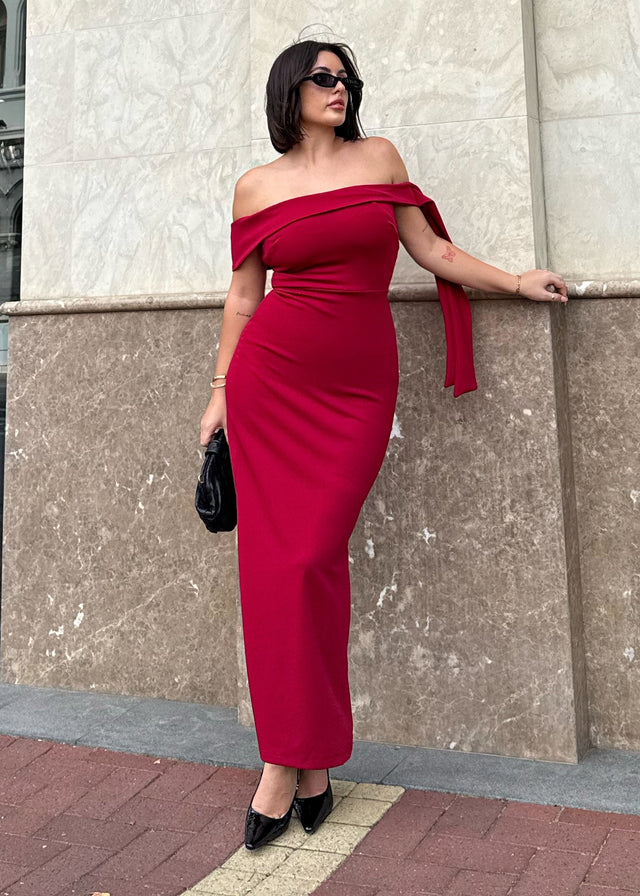 Renia Off Shoulder Maxi Dress - Cherry Gingham & Heels Renia Off Shoulder Maxi Dress - Cherry Gingham & Heels