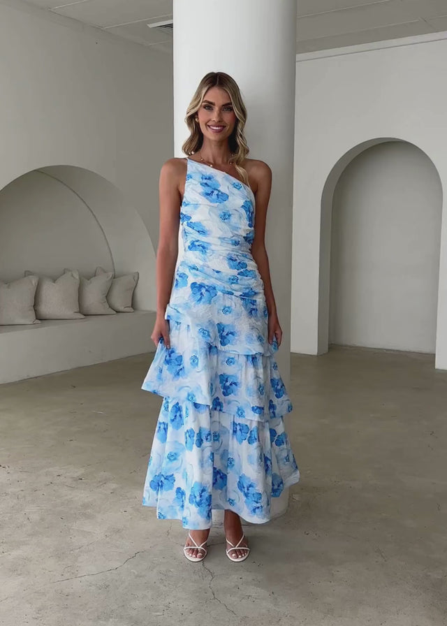 Aspra One Shoulder Midi Dress - Blue Flowers