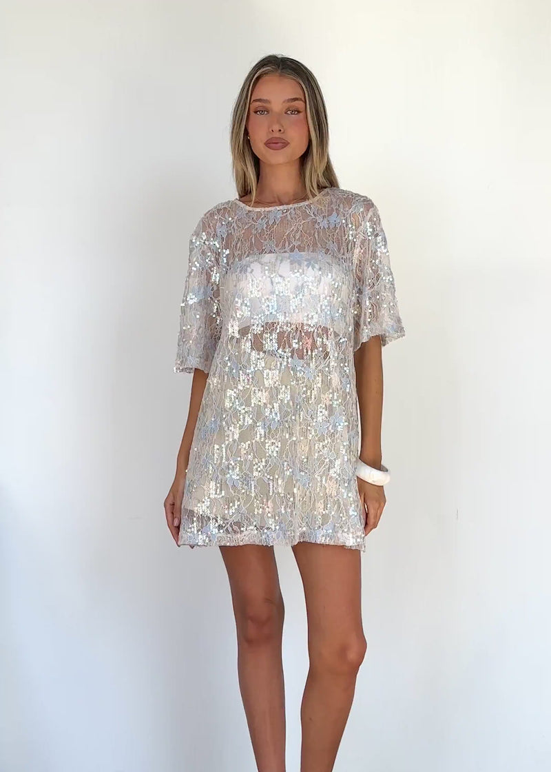 Avaria Sequin Lace Dress - Blue Ice  Gingham & Heels