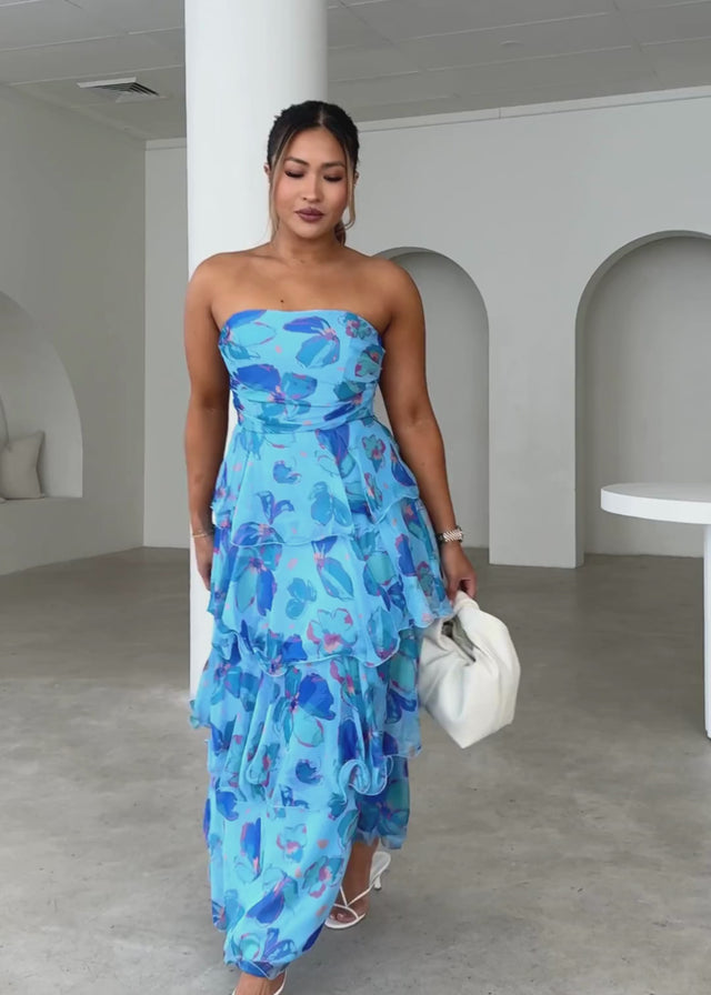 Haisley Strapless Maxi Dress - Blue Flowers