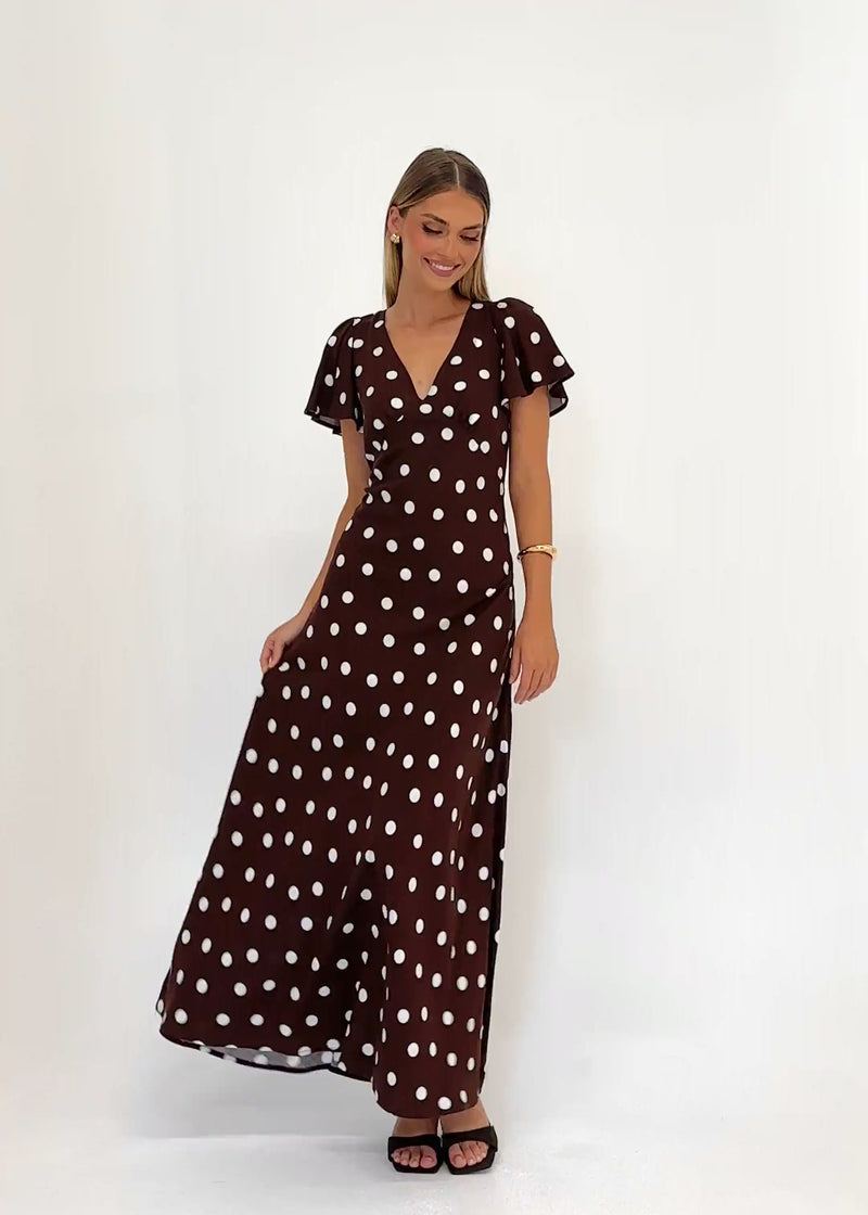 Nadia Maxi Dress - Choc Polka – Gingham & Heels
