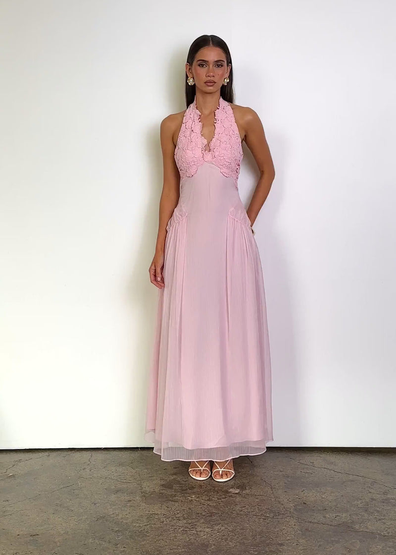 Video: Kelahne Halter Maxi Dress in Baby Pink with a plunging halter neckline, sleeveless design and floral lace bodice, featuring a fitted waist, scalloped lace detailing and a softly gathered flowing maxi-length skirt.