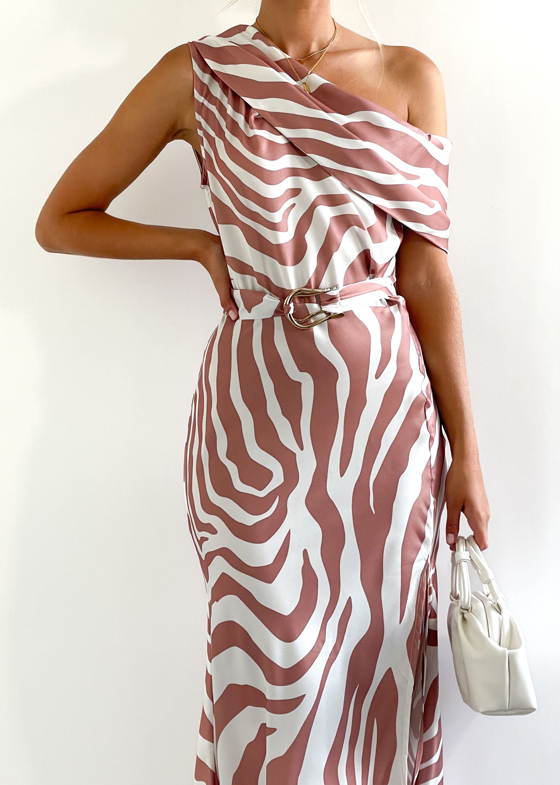 Seattle One Shoulder Midi Dress - Mocha Zebra