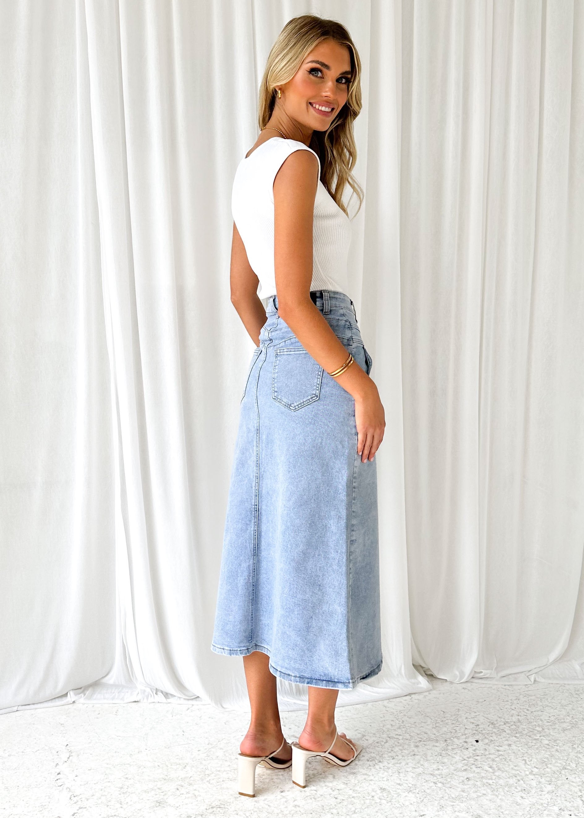 Pataya Stretch Denim Midi Skirt - Vintage Blue